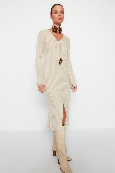 Trendyol Collection Πέτρινο Μίντι Πλεκτό Φόρεμα με V λαιμόκοψη TWOAW24EL00066