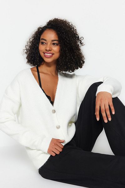 Trendyol Collection Ecru Soft Textured Knitwear Cardigan with Accessories TWOAW24HI00094