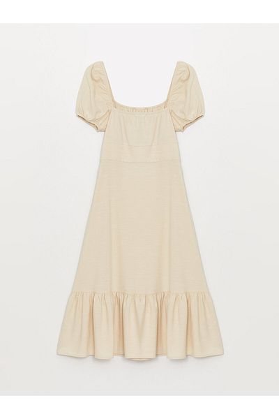 LC Waikiki Gerades, kurzärmliges Damenkleid aus Leinenmischung mit U-Ausschnitt