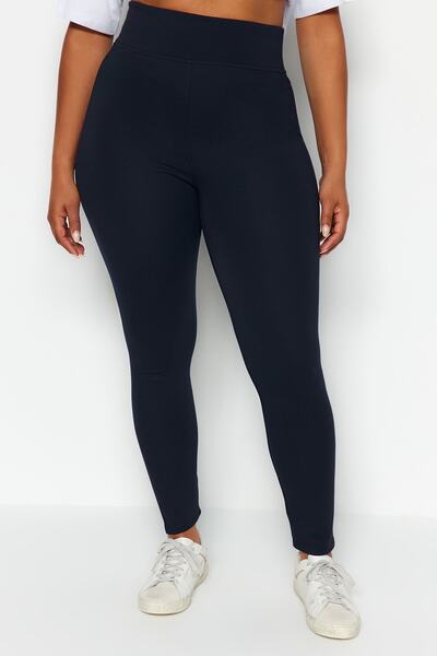 Trendyol Curve Navy Blue High Waist Gathering Elastic Waist Knitted Plus Size Leggings Tbbss22Ta0022