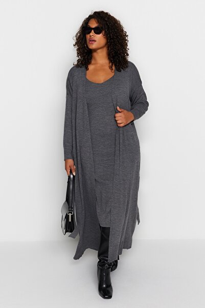 Trendyol Curve Camel 2-Piece Knitwear Cardigan-Dress