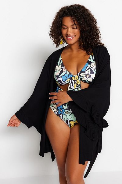 Trendyol Curve Plus Size Ruffles Black Viscose Beachwear - Flounce Kimono & Kaftan Tbbss23De00001