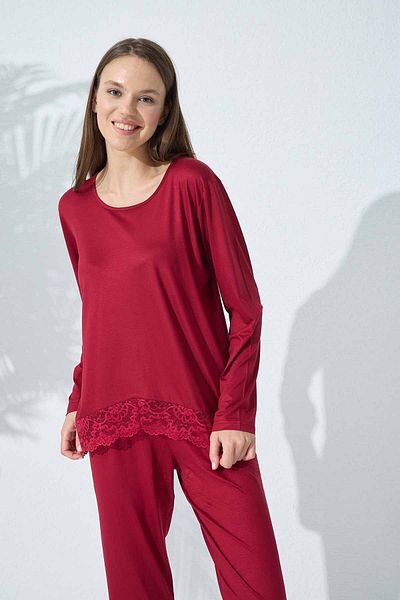 Siyah İnci Set de pijamale din viscoză cu dantelă de culoare visiniu