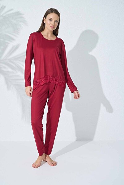 Siyah İnci burgundy Lace Detailed Viscose Pajama Set