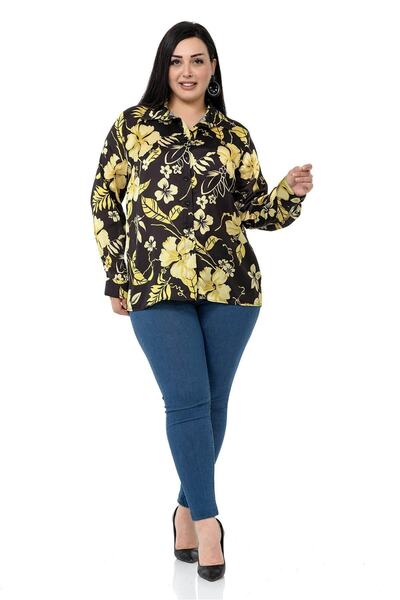 DISENTIS MODEST Cămașă Plus Size din Satin cu flori de muștar pe fundal negru