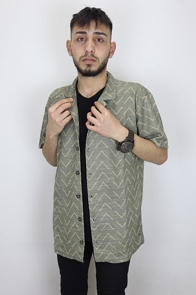 HACKER DENIM Fistan Store Men's Green Mercerized Cotton Patterned Sports Fit Comfortable Fit Summer Short Sleeve Shirt