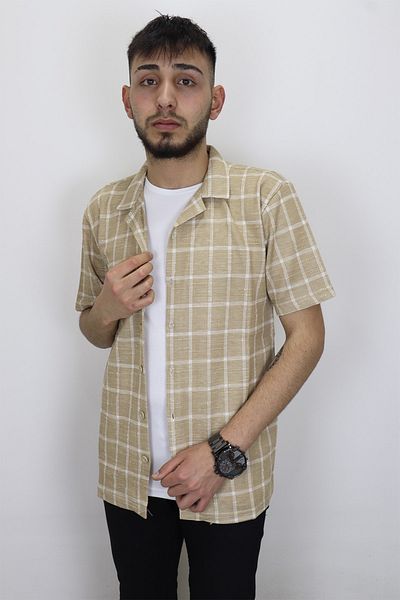 HACKER DENIM Fistan Store Men's Beige Mercerized Cotton Patterned Sports Fit Comfortable Fit Summer Short Sleeve Shirt