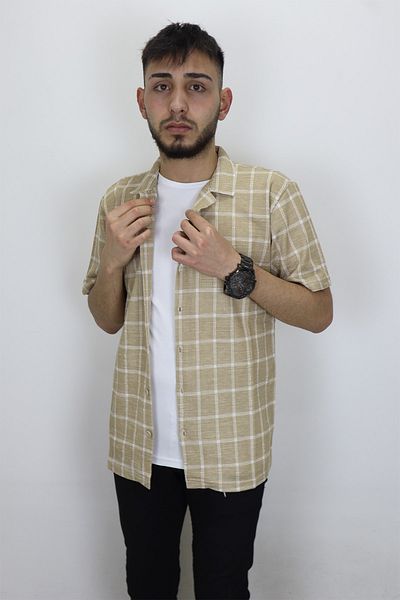 HACKER DENIM Fistan Store Men's Beige Mercerized Cotton Patterned Sports Fit Comfortable Fit Summer Short Sleeve Shirt
