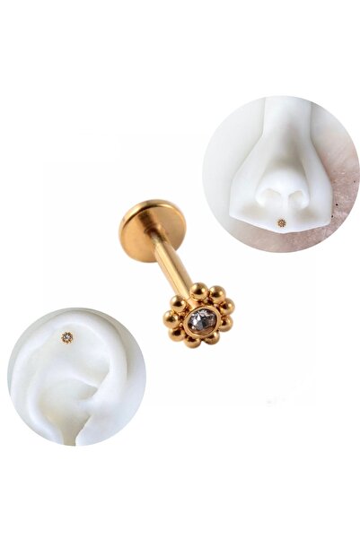 Bylin Cerrahi Çelik Gold Papatya Tek Taş Dudak Piercing-bar Uzunluğu 8mm-1 Adet