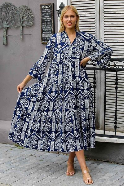 Chiccy Italian Navy Blue Magnificent Collar Ruffle Sleeve Allover Printed Knitted Dress