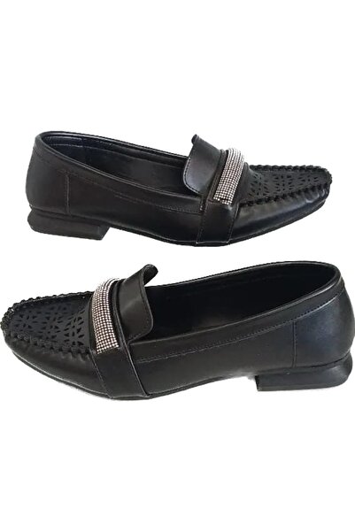 İpek Women's Black Soft Comfortable Sole Stone Mother Shoes Ballerina Loafers