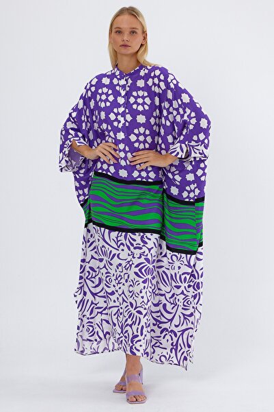 Denismoda Women's High Collar Standard Size Patterned Long Loose Dress