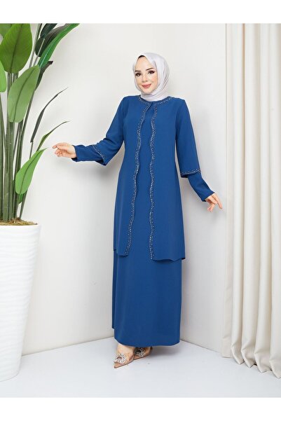 KMKkombin ANNE BÜYÜK BEDEN ÖN VE KOL TAŞLI ŞIK ABİYE ELBİSE 1734