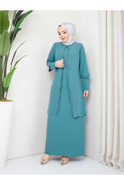 KMKkombin ANNE BÜYÜK BEDEN ÖN VE KOL TAŞLI ŞIK ABİYE ELBİSE 1734