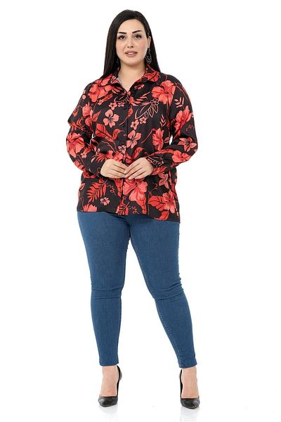 DISENTIS MODEST Plus Size Satin Shirt with Red Flowers on Black Background