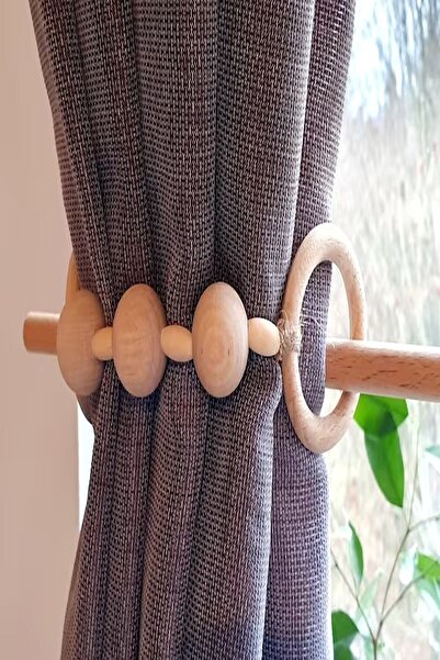 Emtory Home 2 Adet Masif Silindir Boncuklu Ahşap Halkalı Perde Tutacağı