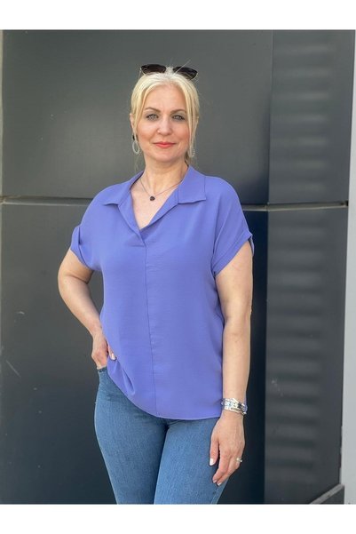 EtkiModa Bluză Aerobin cu guler liliac și mâneci duble pentru femei