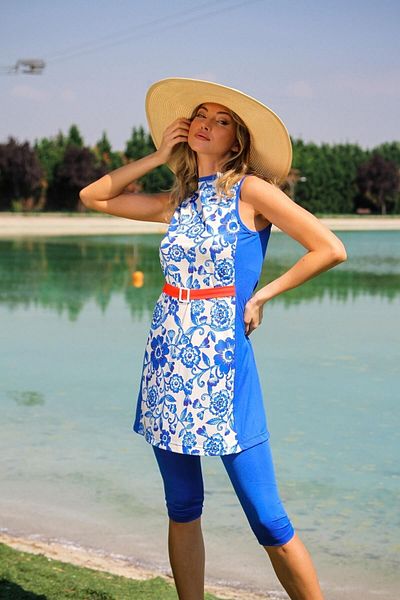 Marina Rivamera 2-Piece Navy Blue Floral Patterned Belted Half Covered Hijab Dress Swimsuit R2202