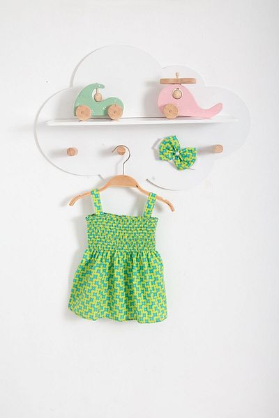 Bubito Summer Baby Dress with Rows of Flowers and Bandana - Green