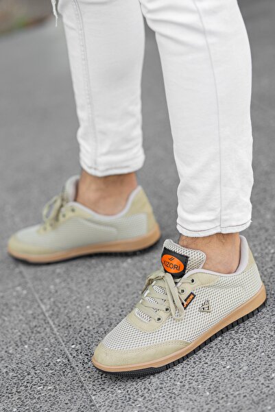 BOUIS Men's Beige Casual Lace-Up Mesh Anti-Sweat Flexible Sneaker Lifestyle Classic Sports Shoes