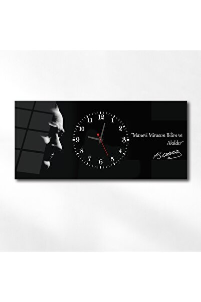 marpanya Atatürk Manevi Mirasım Bilim Ve Akıldır Yatay Ortadan Saatli Vatan Temalı Cam Tablo 015