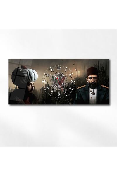 marpanya Abdülhamit Han Ve Fatih Sultan Mehmet Han Yatay Ortadan Saatli Vatan Temalı Cam Tablo 076