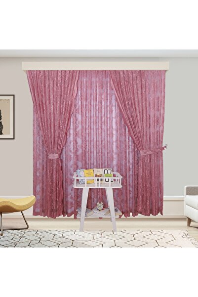 Ta-Ha Perde ve Halı Damaks Ottoman Pattern Pink-Dried Rose Knitted Inner Tulle and Background Complete Set Sparse Pleat Tulle Curtain