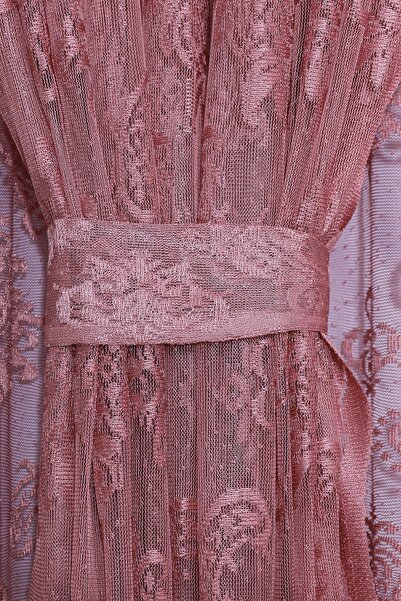Ta-Ha Perde ve Halı Damaks Ottoman Pattern Pink-Dried Rose Knitted Inner Tulle and Background Complete Set Sparse Pleat Tulle Curtain