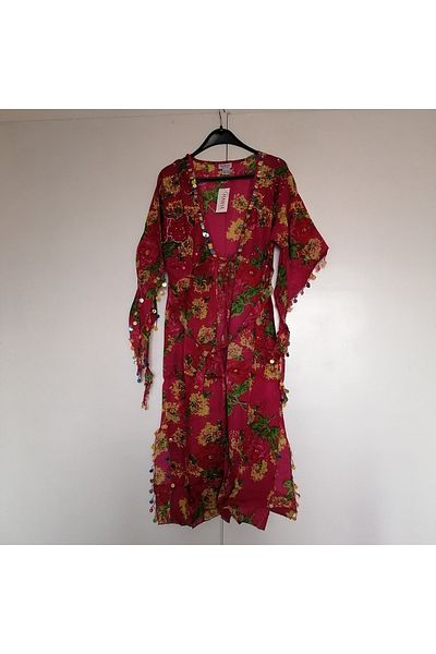 Manya Authentic cotton cheesecloth fuchsia multi-colored floral sequins sequin embroidery belted lace-up kaftan pareo Indian