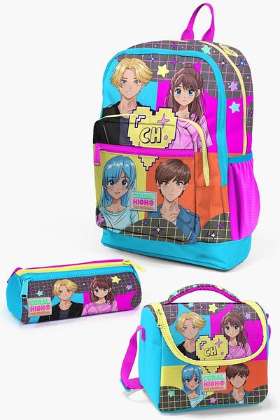 Coral High Set de 3 genți de școală pentru copii, gri, albastru, roz, cu model anime SET0123737