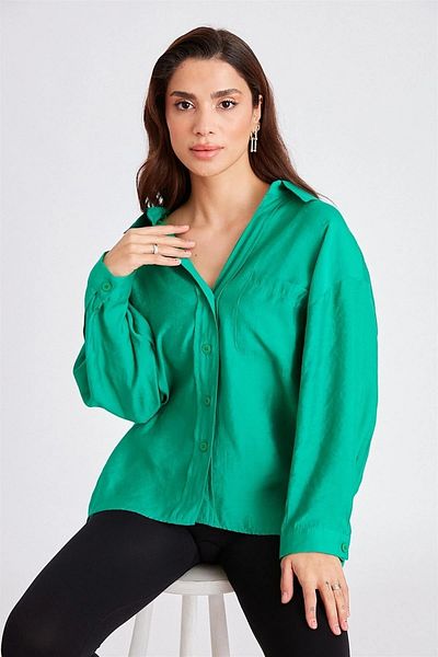 Ortaya Çık Green Low Shoulder Oversize Shirt