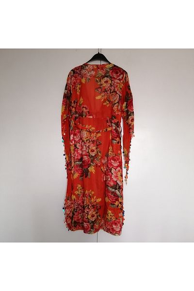 Manya Authentic cotton cheesecloth orange multicolor floral sequins sequin embroidery belted lace-up kaftan pareo Indian