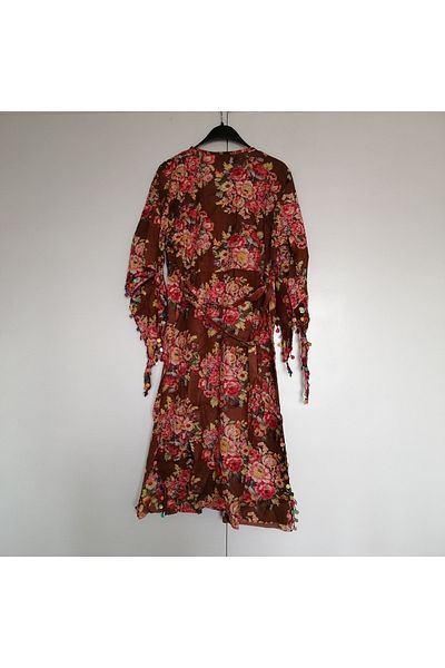 Manya Authentic cotton coffee multicolor floral sequins with sequins embroidery belted lace-up kaftan pareo Indian