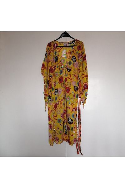 Manya Authentic cotton cheesecloth yellow multicolor patterned sequin embroidery belted lace-up kaftan pareo Indian