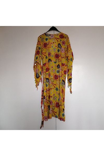 Manya Authentic cotton cheesecloth yellow multicolor patterned sequin embroidery belted lace-up kaftan pareo Indian
