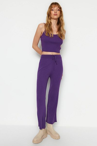 Trendyol Collection Köteles lila blúz, kardigán és nadrág szett - TWOAW22AU0006