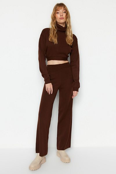 Trendyol Collection Brown Crop Knitwear Set - Tie Detailed, Top and Bottom Set Twoaw21Au0093