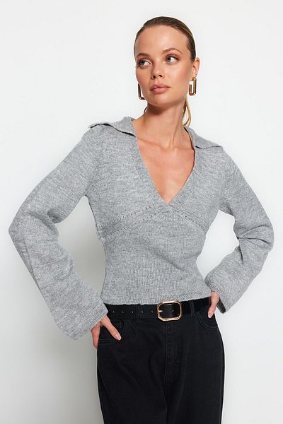 Trendyol Collection Gray Soft Textured Polo Collar Knitwear Sweater TWOAW24KZ00167