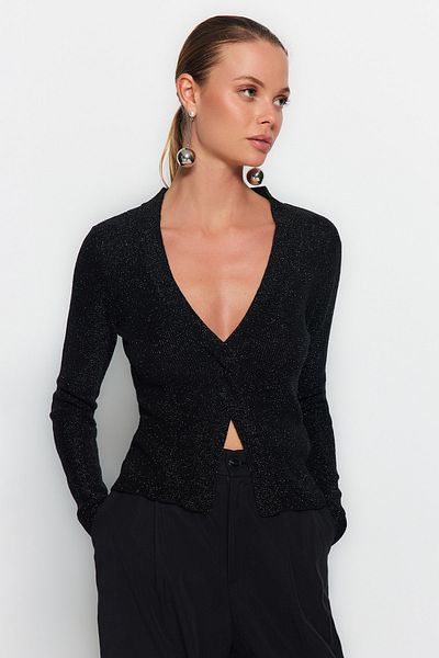 Trendyol Collection Pulover de tricotaje detaliat cu sclipici negru TWOAW24KZ00660