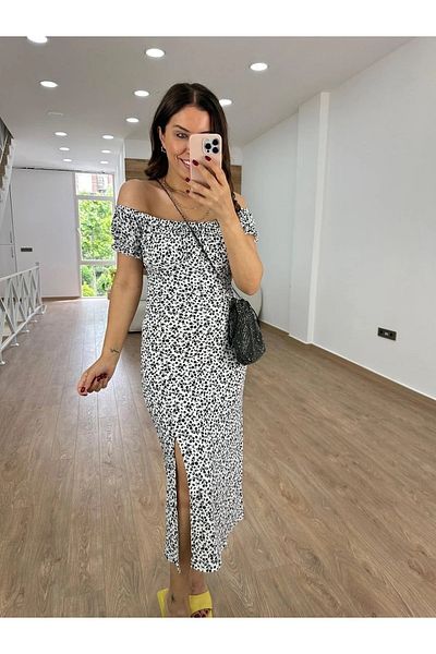 HBS Tiny Flower Patterned Twist Fabric Madonna Collar Dress
