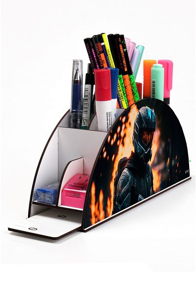 kutuTR Wooden VIP Aİ Model Series Desktop Pen Holder Organizer with Rainbow Ruler Assembled Box