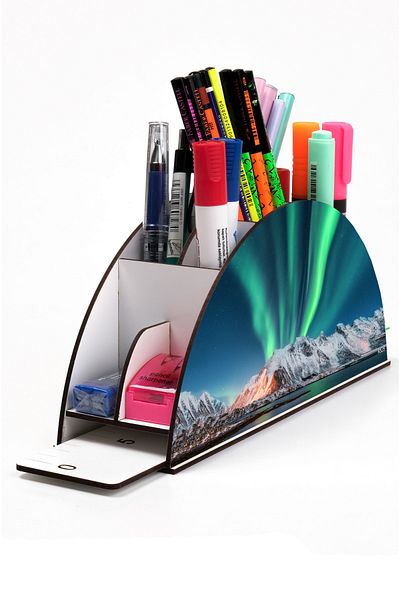 kutuTR Wooden VIP Astronaut and Space Rainbow Ruled Desktop Pen Holder Organizer with Assembled Box