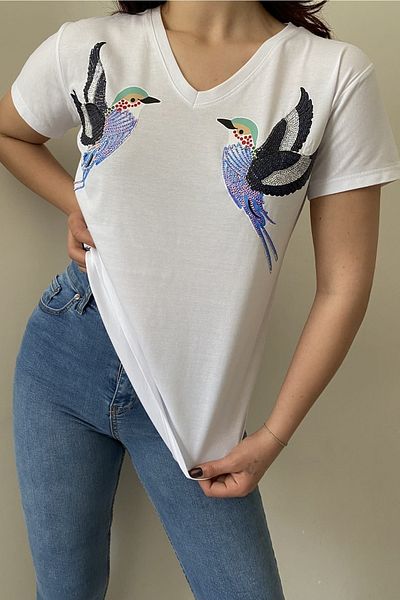 FEMELLE Women's White V-Neck Bird Pattern Sequin Sequin Embroidered 100% Cotton T-Shirt