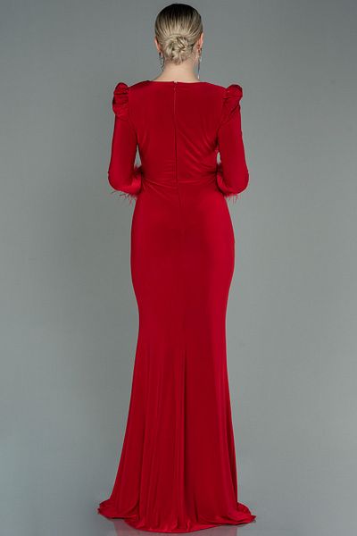 Abiyefon Red Openwork Long Sleeve Slit Plus Size Evening Dress ABU2832