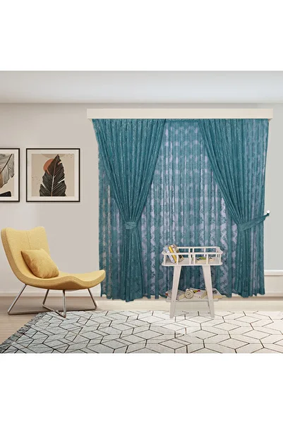 Ta-Ha Perde ve Halı Damaks Ottoman Pattern Petrol Blue-Turquoise Knitted Inner Tulle and Background Complete Set Close Pleated Tulle Curtain