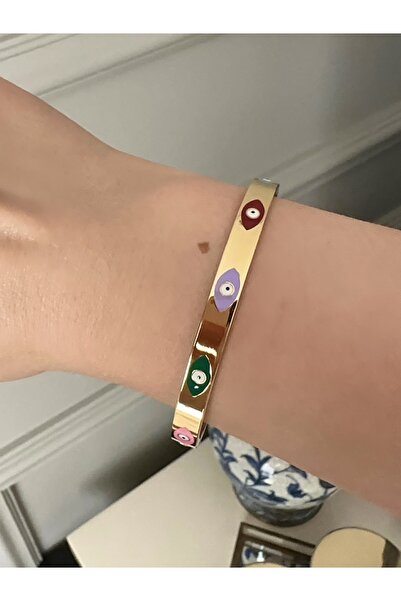 emy by emel luxury silver jewelry Çelik Renkli Nazar Boncuklu Kelepçe Bilezik...