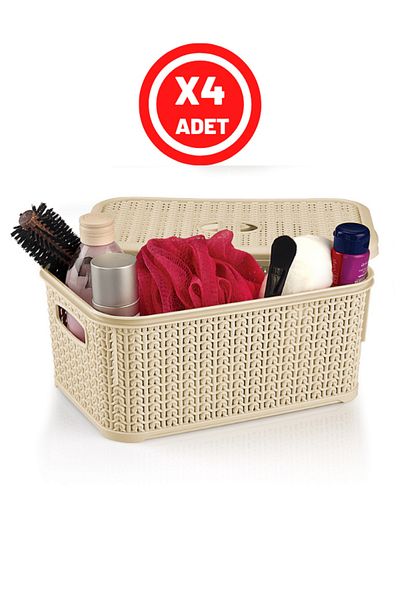 Melkan Home Κουτί πολλαπλών χρήσεων με καπάκι & Organizer & Closet Organizer Διχτυωτό μοτίβο καλάθι με καπάκι 6 λίτρων 4 τεμάχια