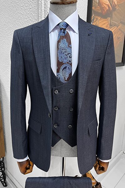 NAZEF Slim-Fit, Self-Patterned, Pointed Collar, Vest, Wool Suit