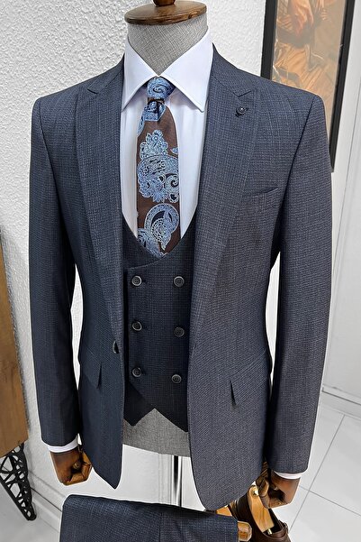 NAZEF Slim-Fit, Self-Patterned, Pointed Collar, Vest, Wool Suit