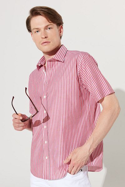 AC&Co / Altınyıldız Classics Men's Claret Red-White Comfort Fit Relaxed Cut Classic Collar 100% Cotton Striped Shirt